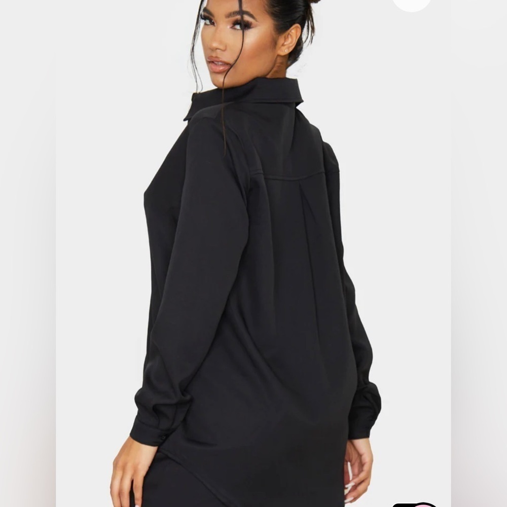 PrettyLittleThing Black Semi Sheer Oversized Button Down Long Sleeve Shirt Sz 4